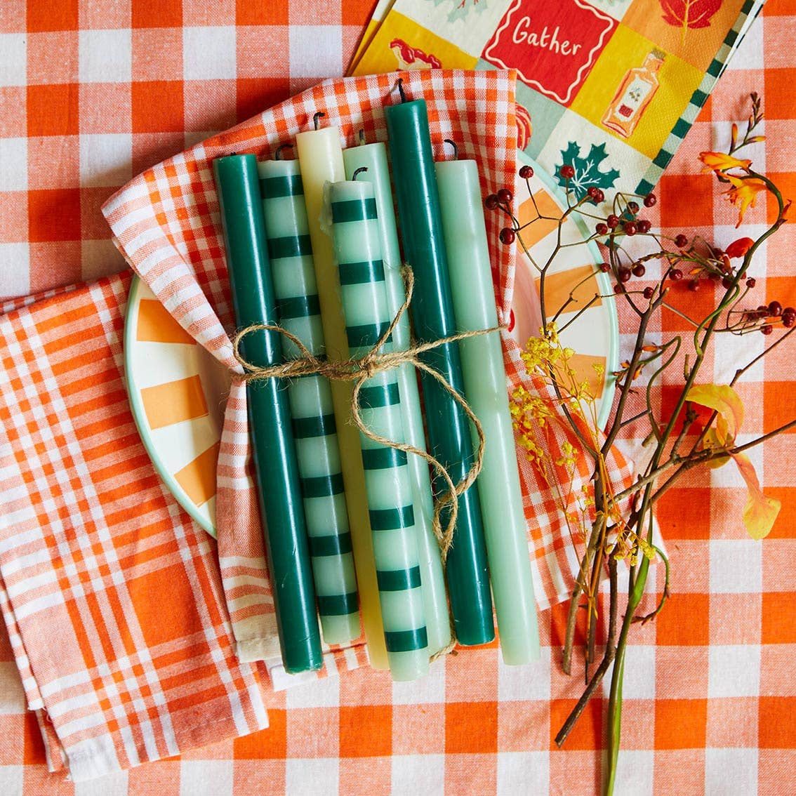 Green Stripe Dinner Candles