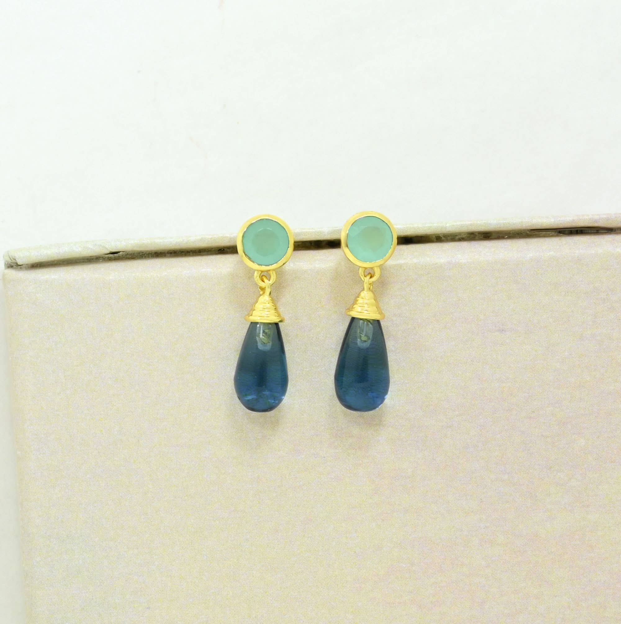 Nevaeh Earring Gold Plated - Aqua Chalcedony & Blue Iolite