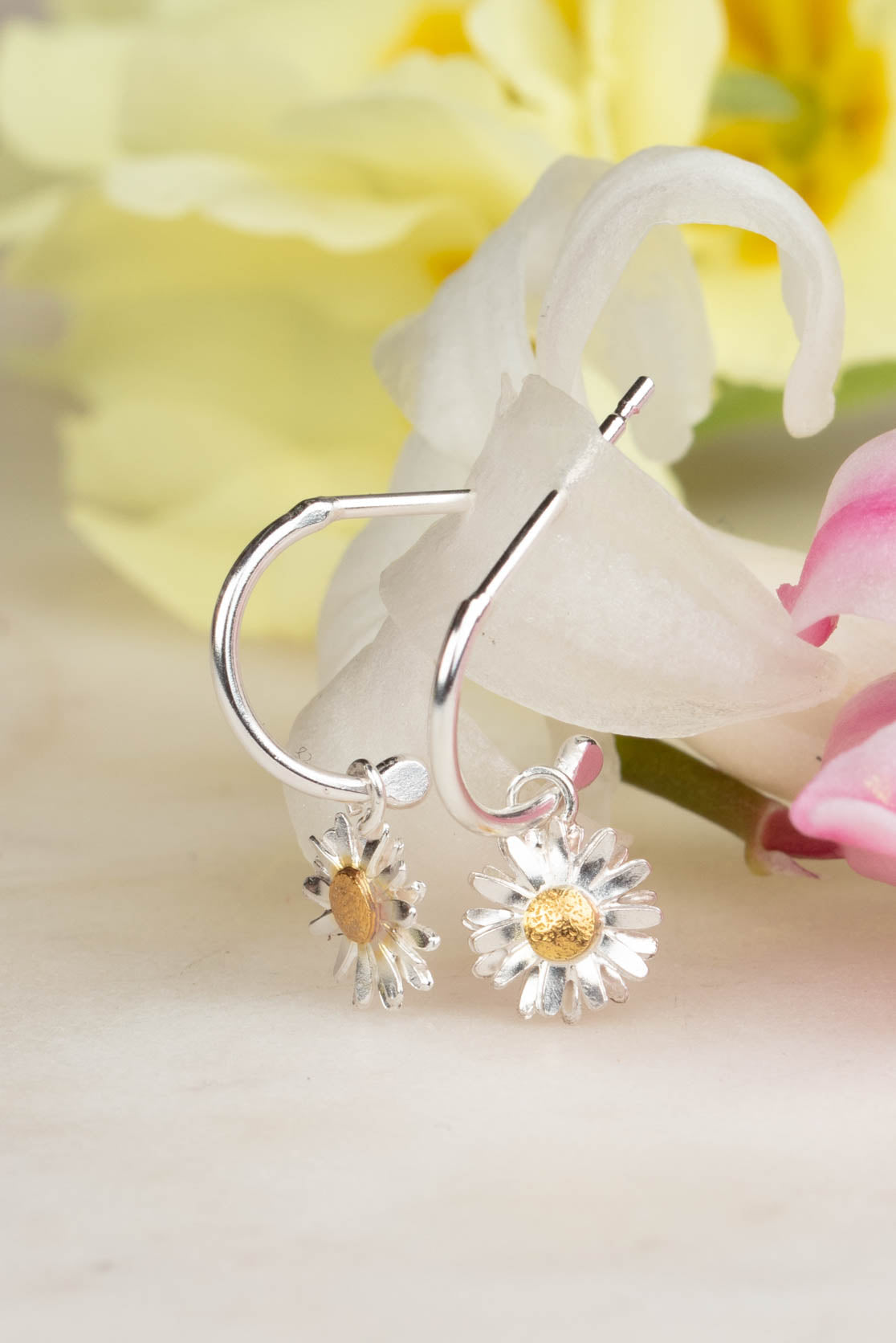 Sterling Silver & Gold Daisy Hoops