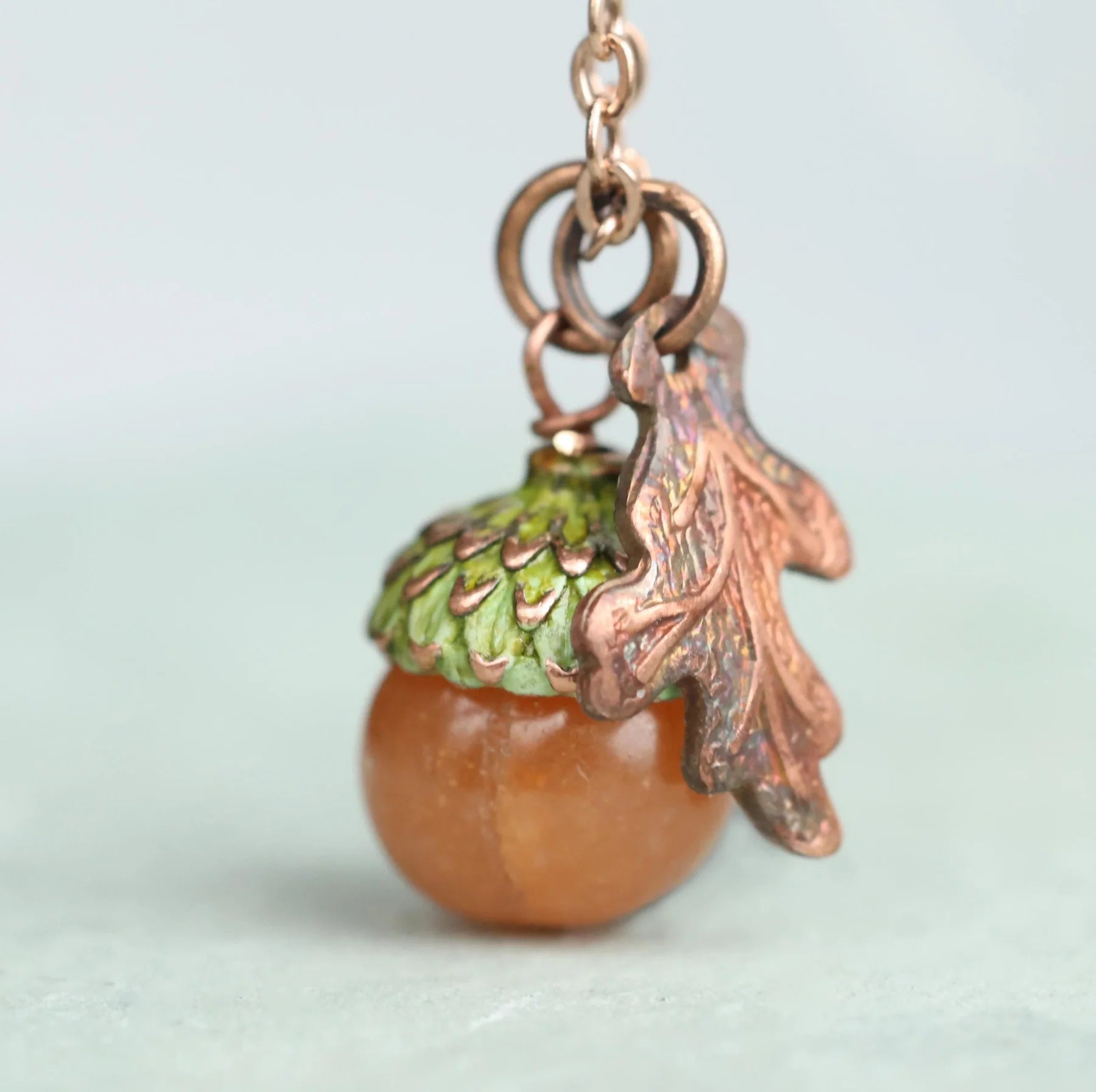 Amber Moss Acorn & Oak Leaf Necklace