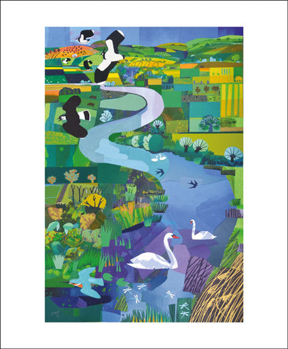 Swans on the River Collage by Carry Akroyd Blank Card
