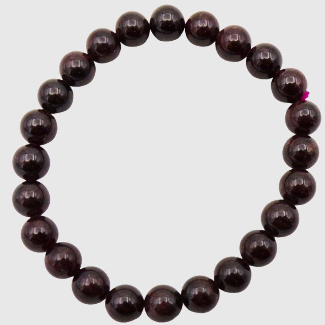 Garnet bead bracelet with 8mm round deep magenta-red stones on elasticated band