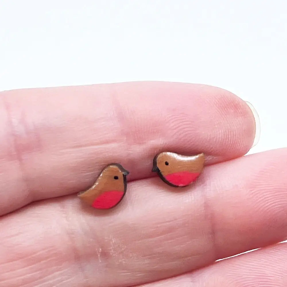 Hand-Painted Wooden Robin Earrings