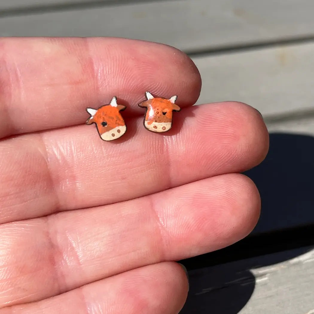 Hand Painted Wooden Highland Cow Earrings