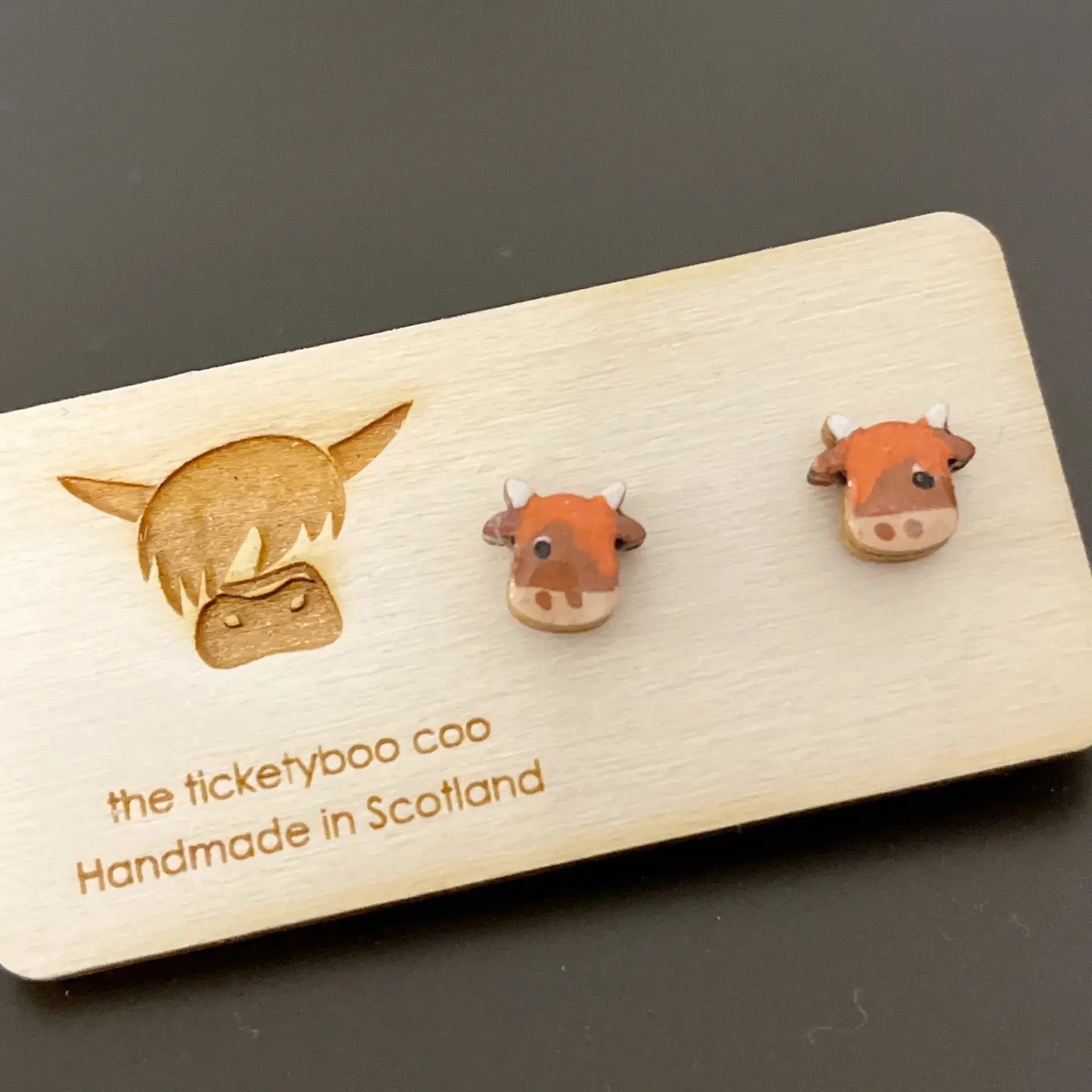 Hand Painted Wooden Highland Cow Earrings