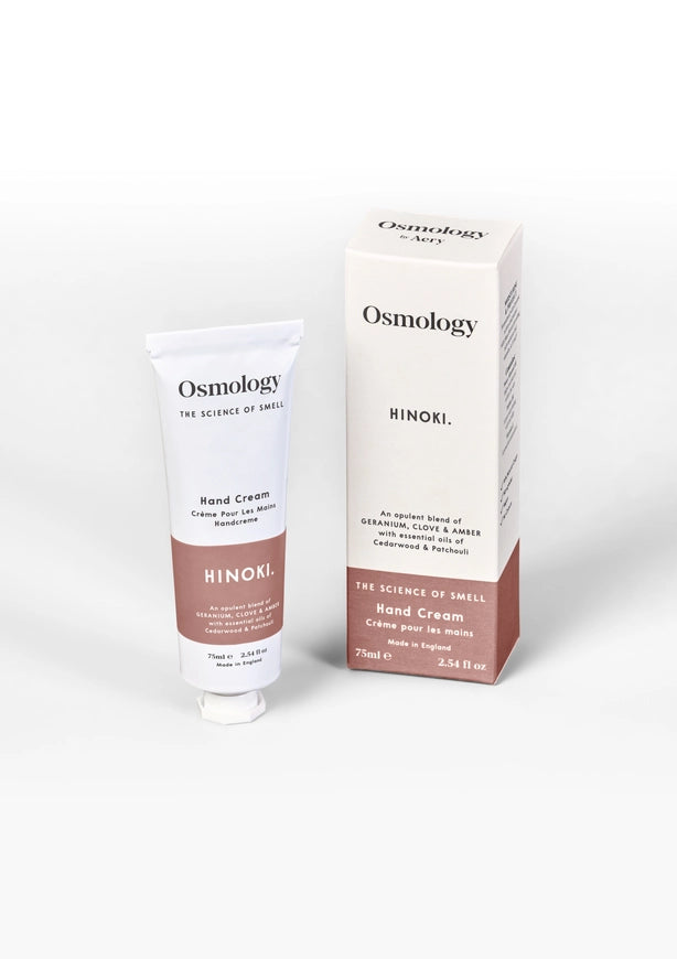 Osmology Hinoki hand cream and packaging on a white background