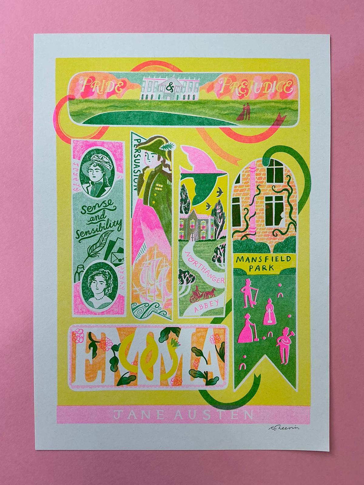 Jane Austen Bookmarks Risograph Print