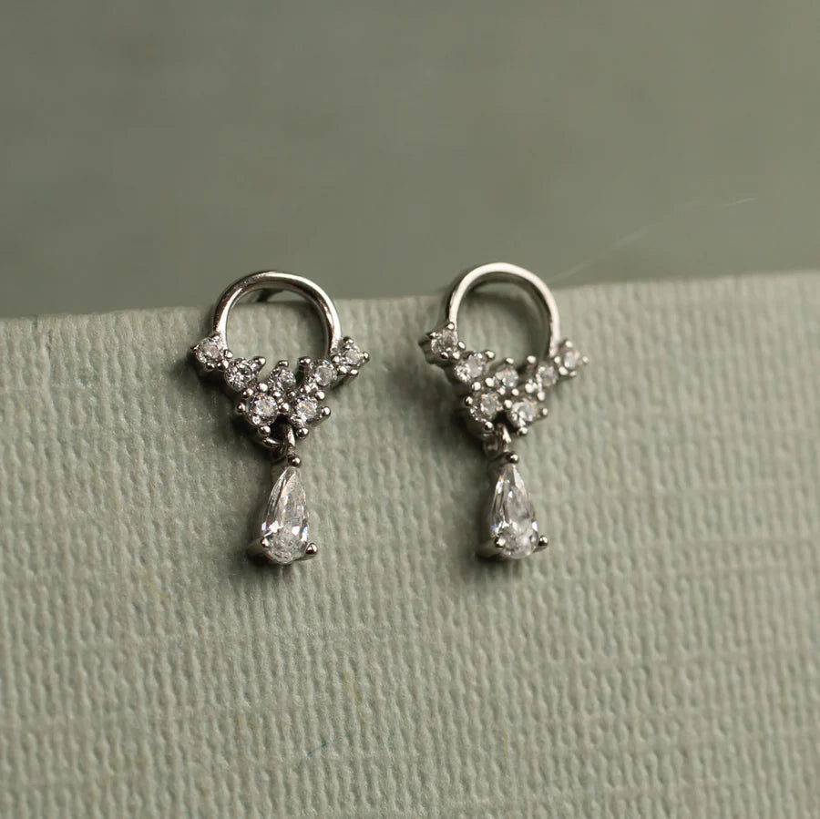 Silver Crystal Droplet Mini Hoop Stud Earrings