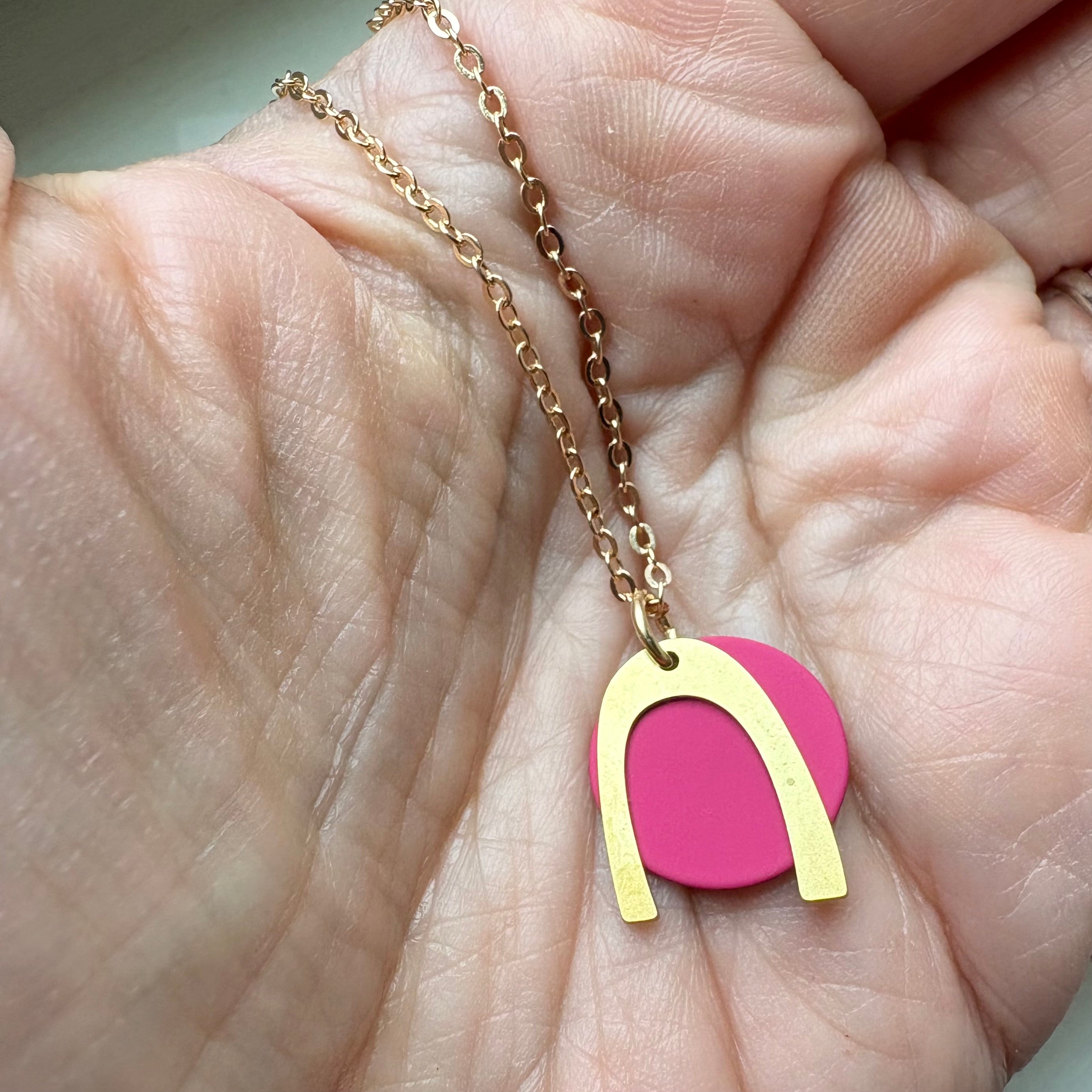Mini Fucshia Disc and Arch Necklace