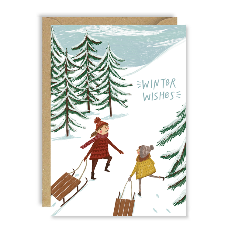 Sledging Girls Christmas Card