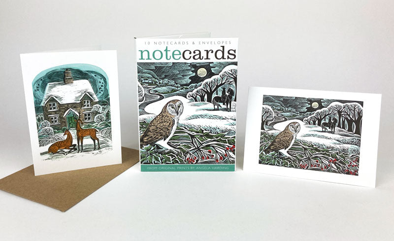 10 Christmas Cottage & Owl Flight Notecards and Envelopes