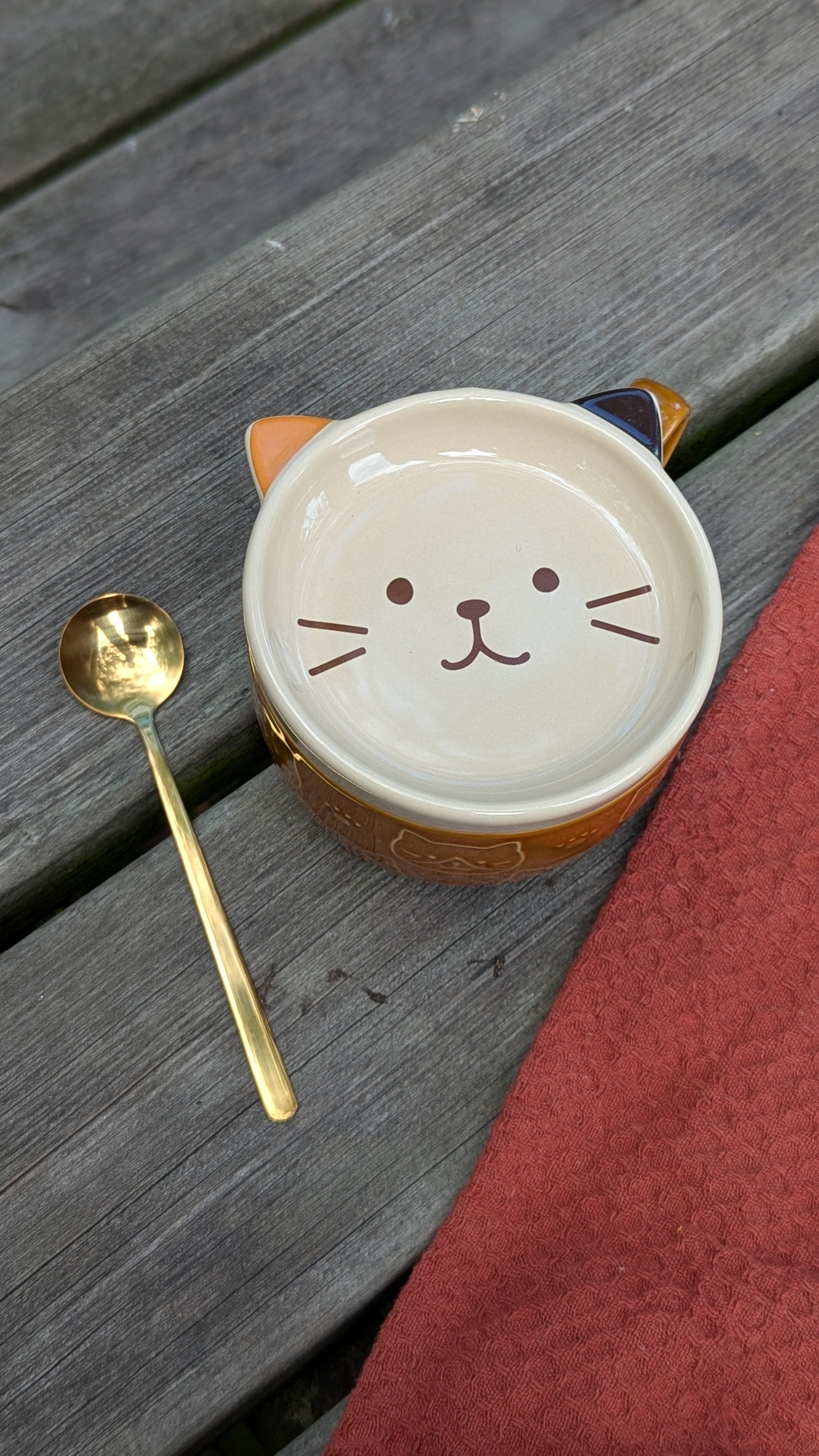 Ceramic bowl with cat face design and gold spoon on wooden surface