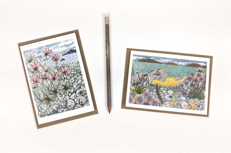 Pack Of 10 Sea Pinks & Pebbles And Island Primrose Notecards