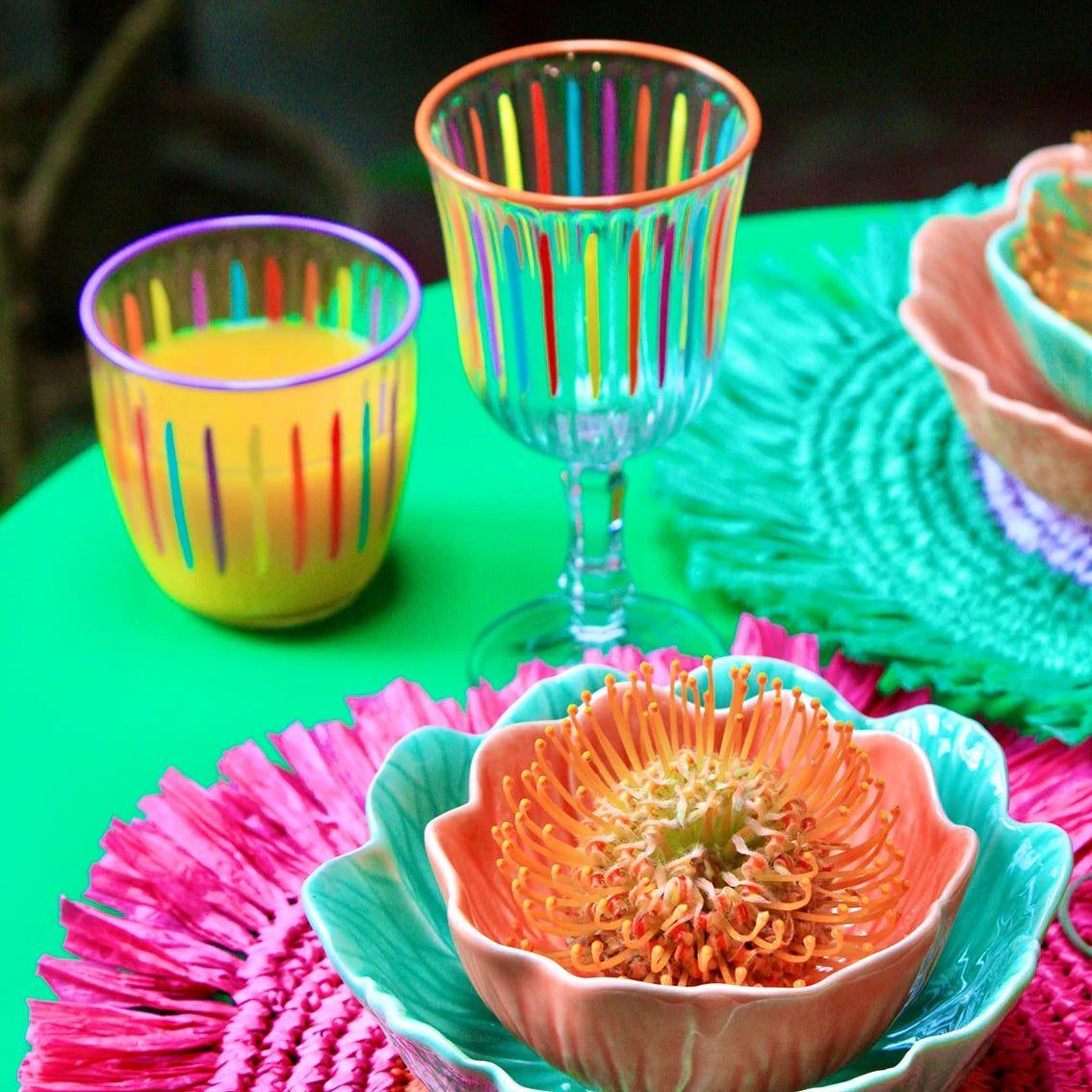 Bright Striped Multi-Coloured Tumbler Glass