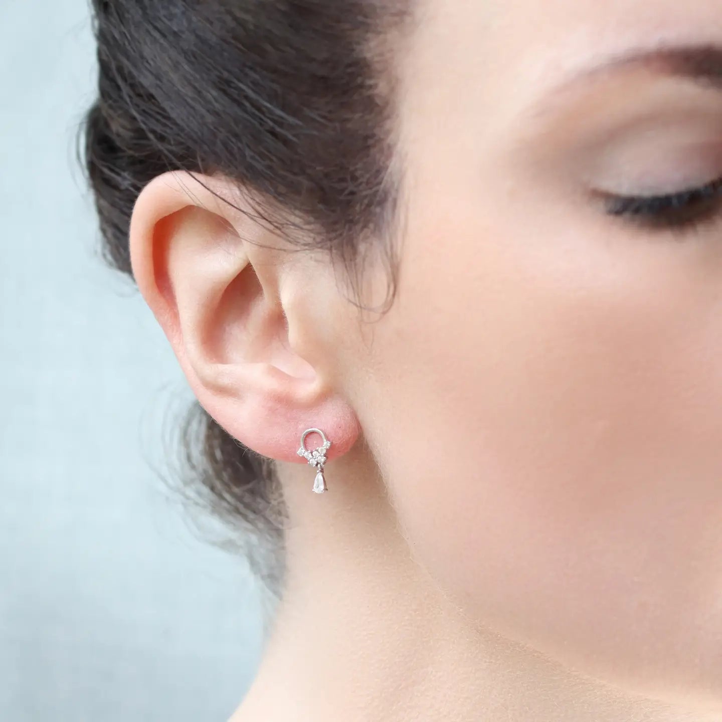 Silver Crystal Droplet Mini Hoop Stud Earrings