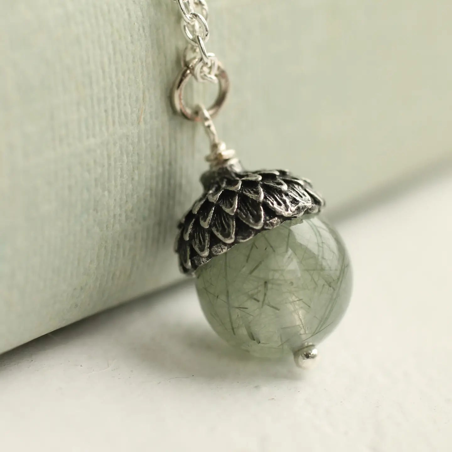 Silver Sage Green Acorn Necklace