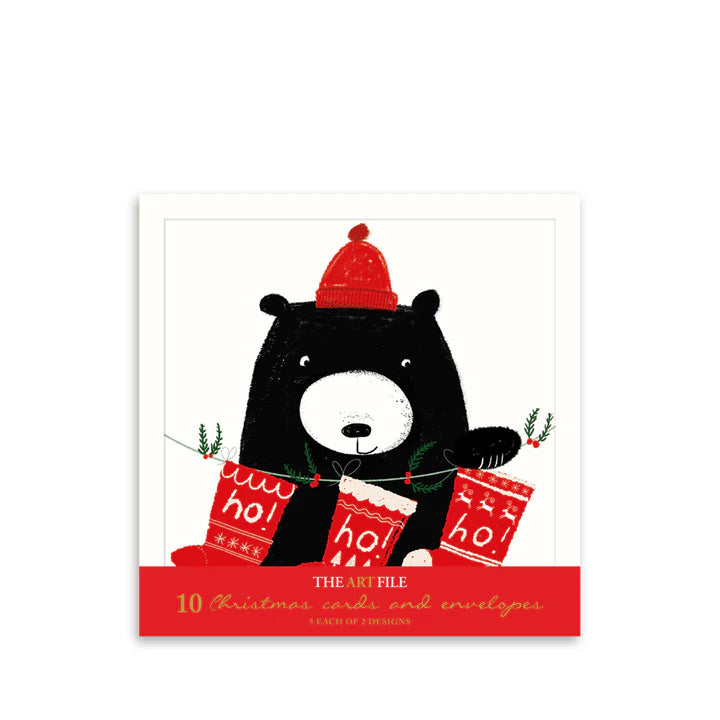 Pack Of 10 Christmas Cards - Bear, Baubles & Stockings