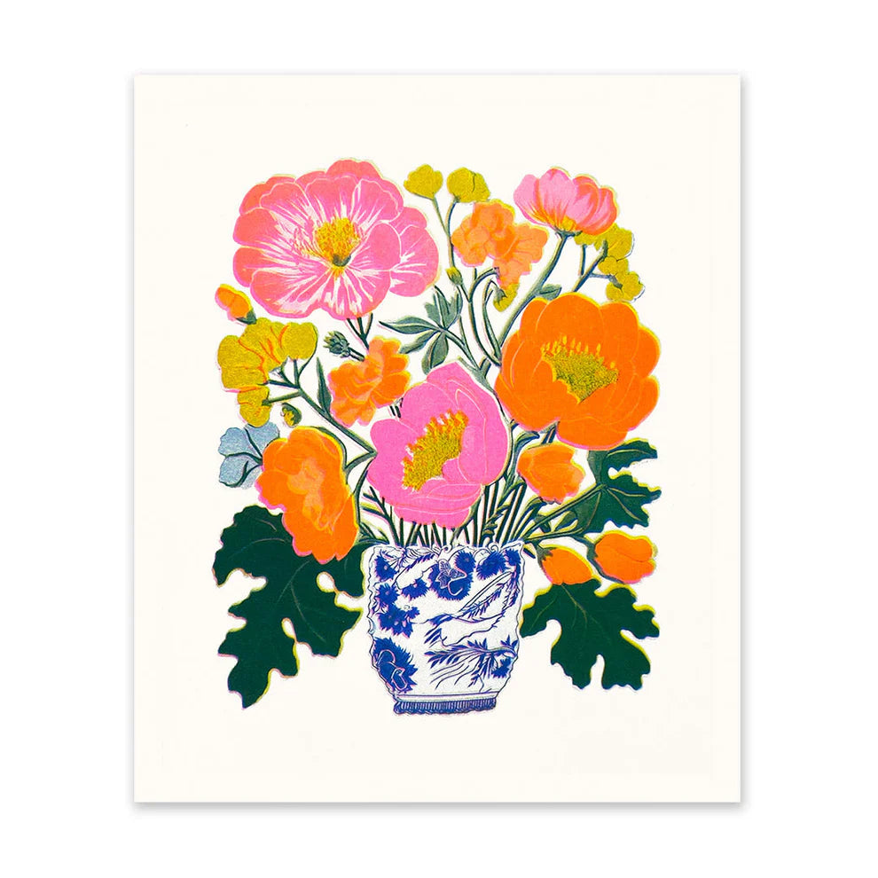 Orange & Pink Peonies Risograph Art Print