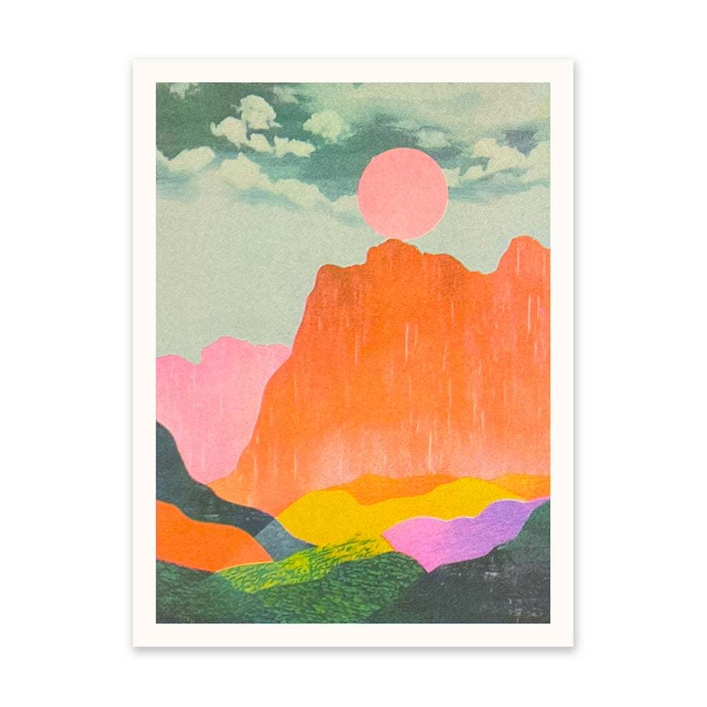 Neon Mountains & Sun Risograph Art Print