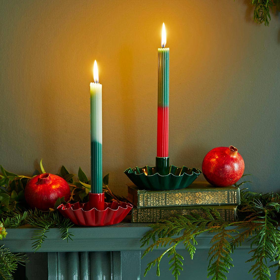 2 Pack Of 2 Tone Red & Green Dinner Candles