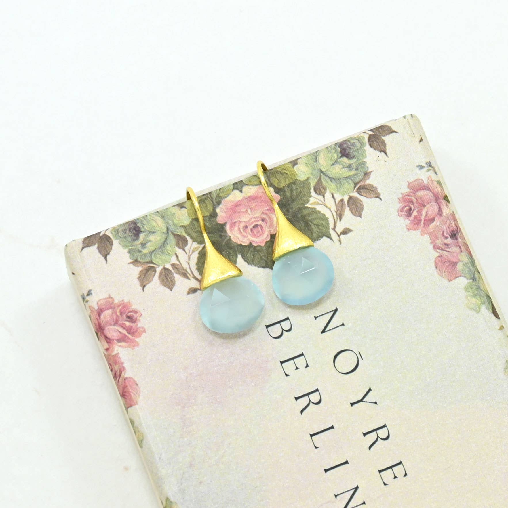 Boho Droplet Earrings Gold - Light Aquamarine Chalcedony