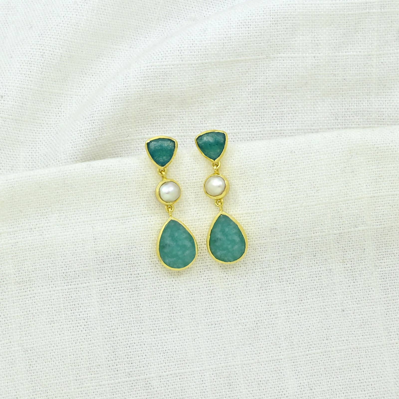 Candice Stud Earrings - Pearl, Amazonite & Neon Blue Jade