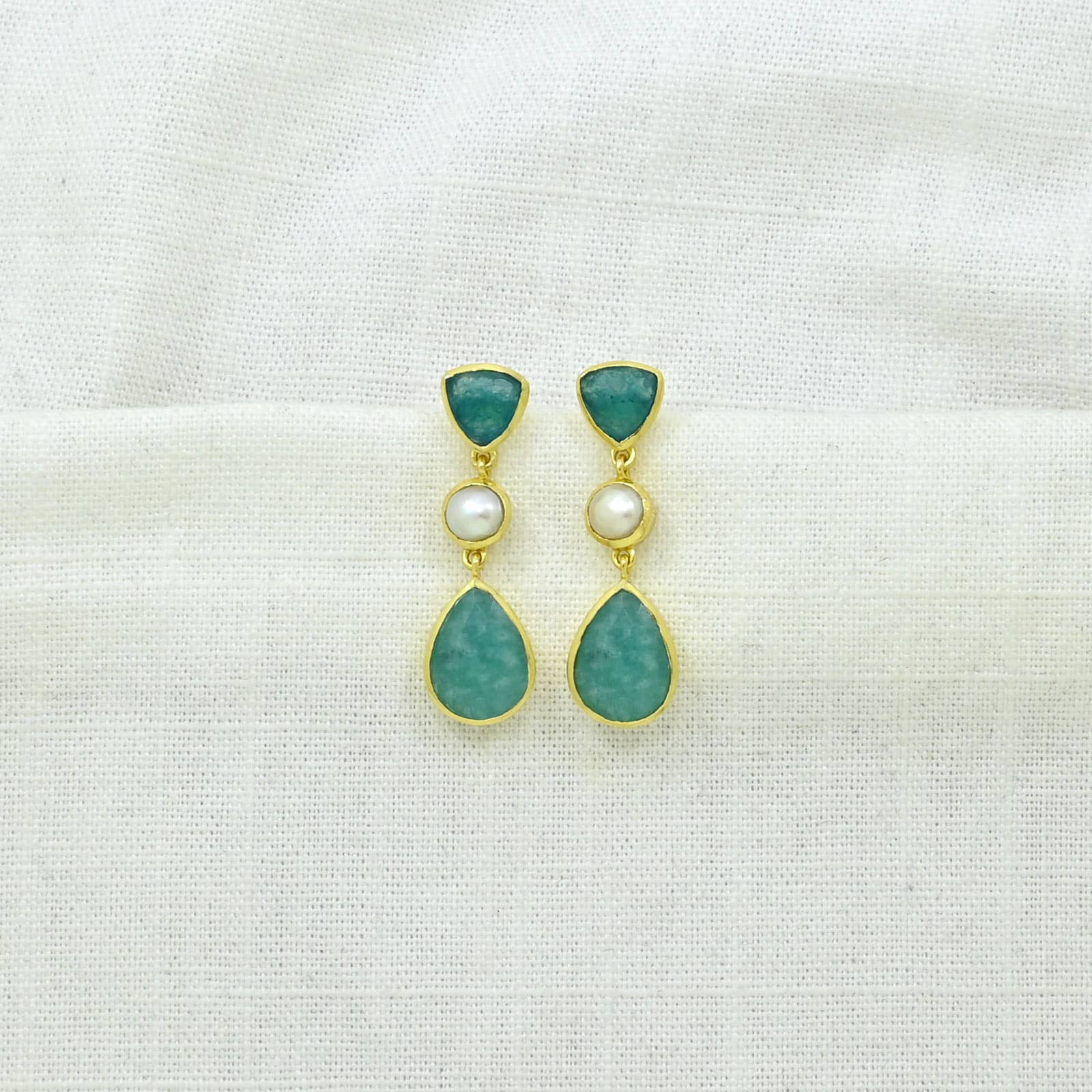 Candice Stud Earrings - Pearl, Amazonite & Neon Blue Jade