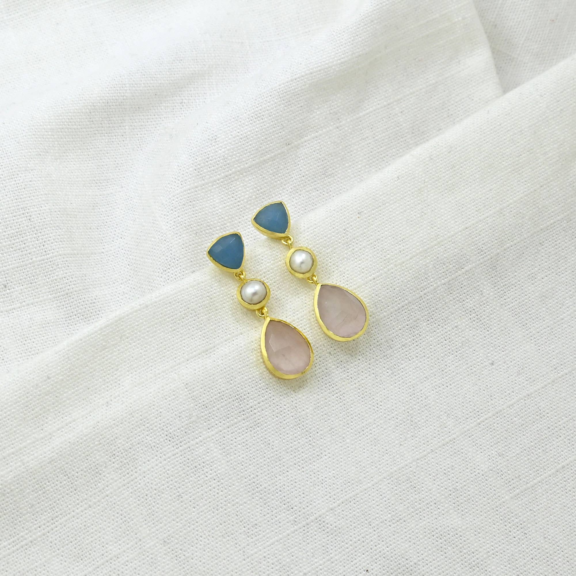 Candice Stud Earrings - Pearl, Rose Quartz & Blue Chalcedony
