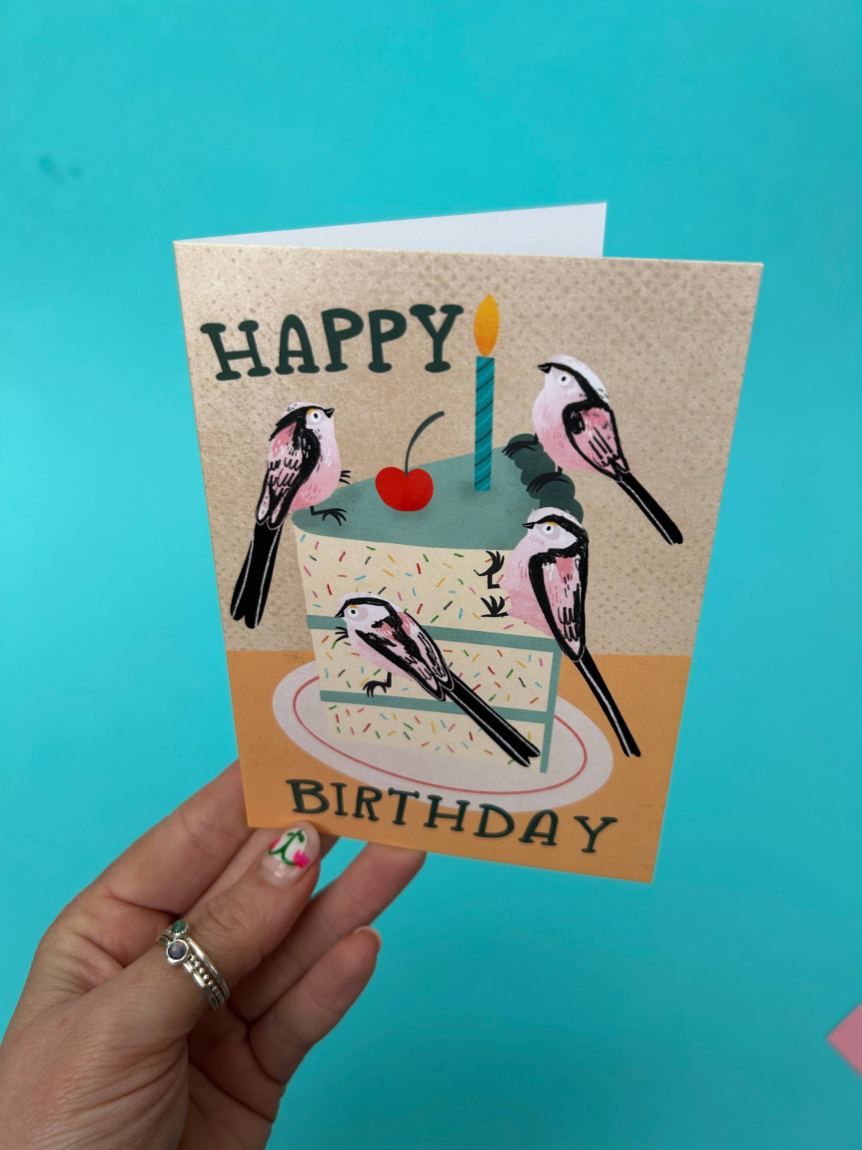 Long Tailed Tits - Happy Birthday (Cake) - A6 Greeting Card