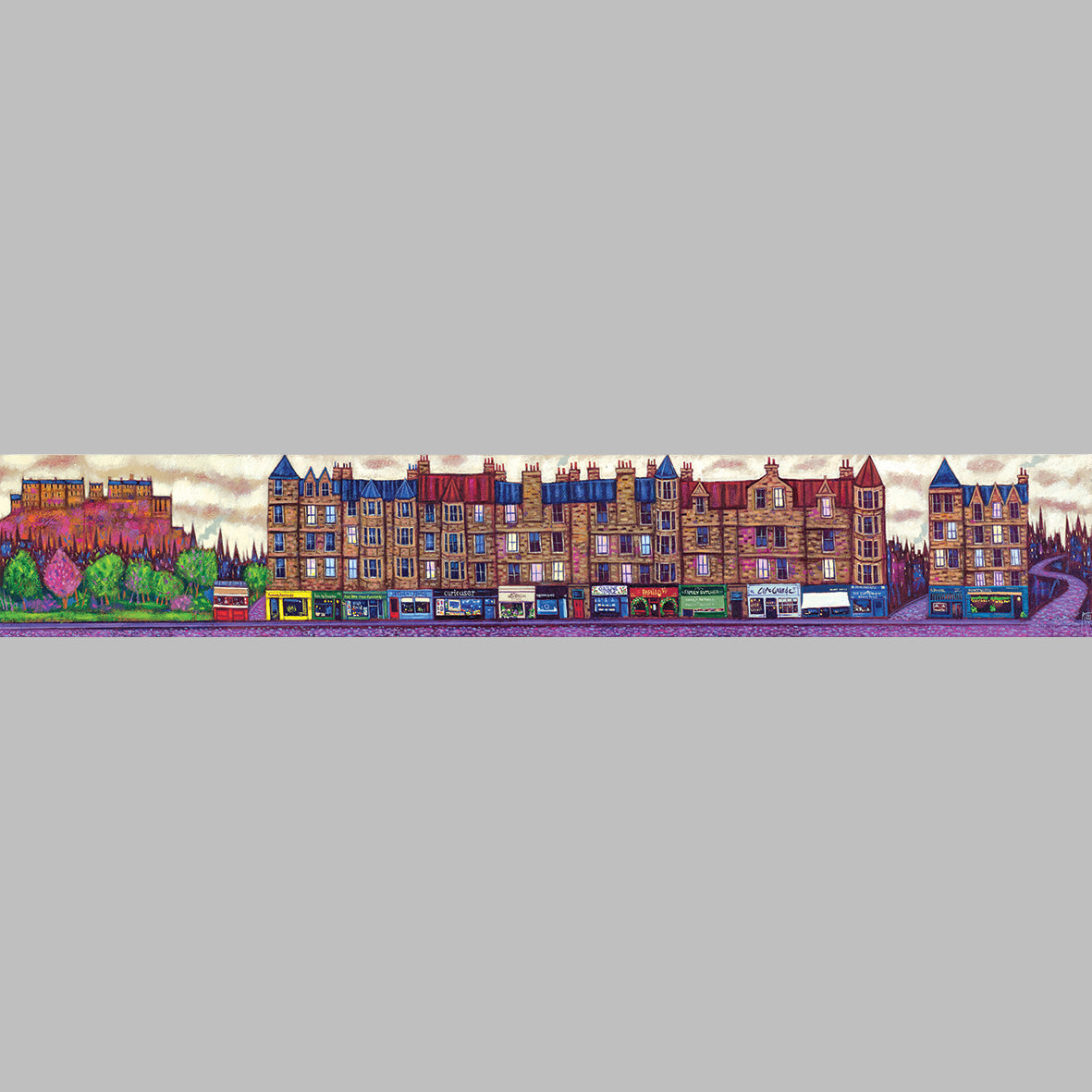 Colorful illustration of a row of buildings with shops on the ground floor. Bruntsfield Edinburgh.