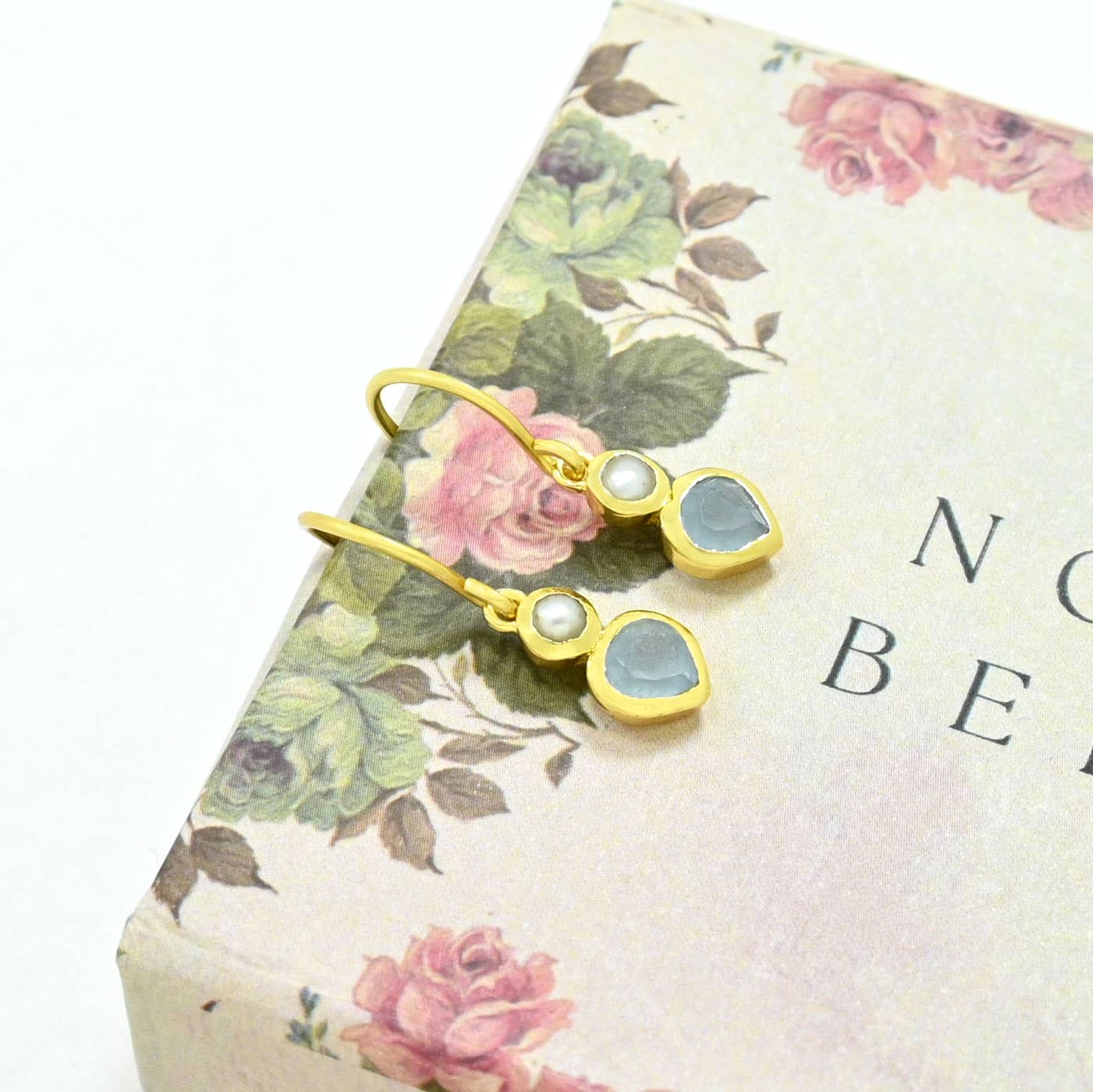 Jazlyn Stud Earrings - Pearl & Light Aqua Chalcedony