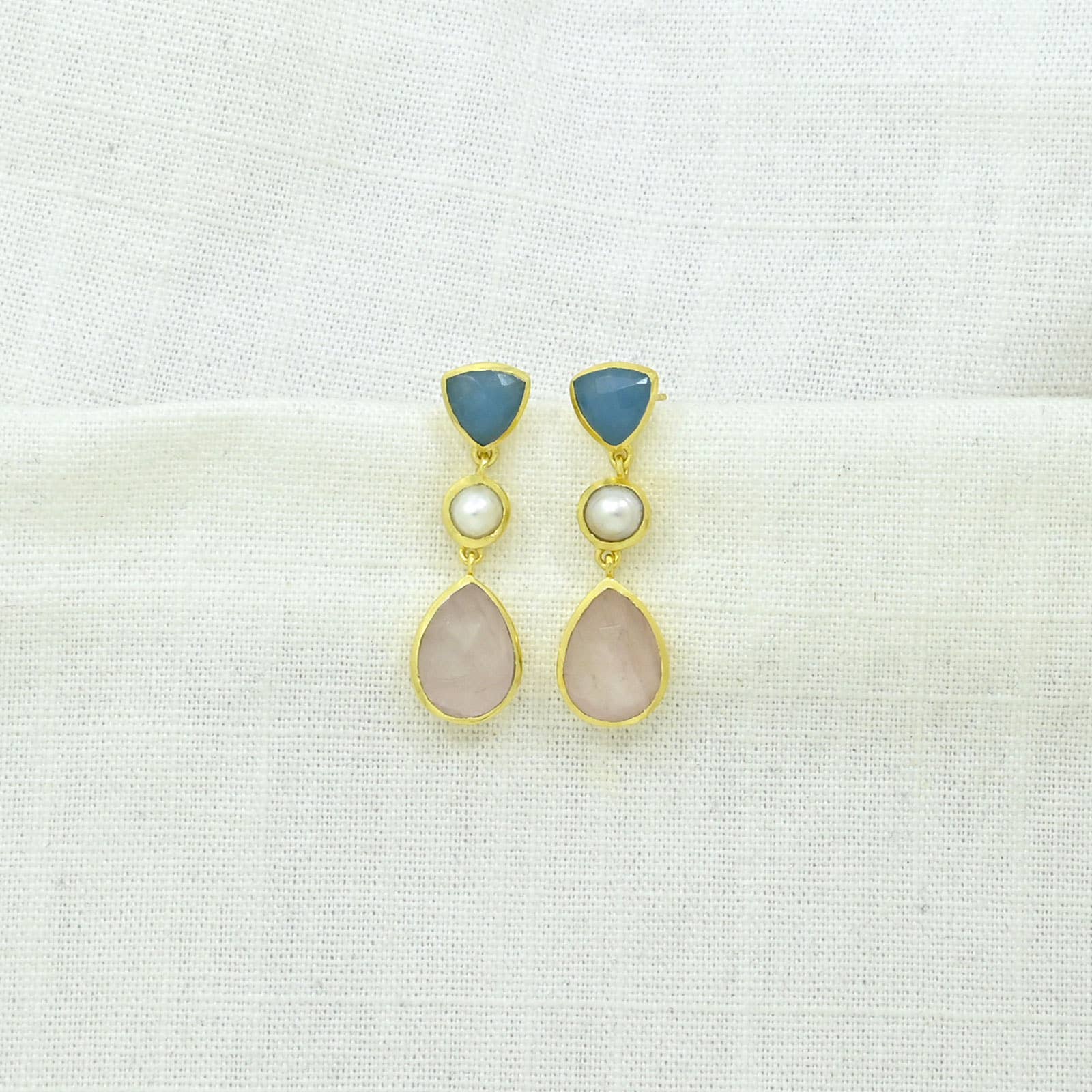 Candice Stud Earrings - Pearl, Rose Quartz & Blue Chalcedony