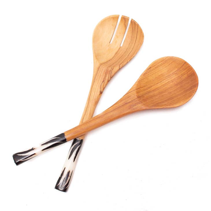 Olive Wood Salad Servers - Black Handle