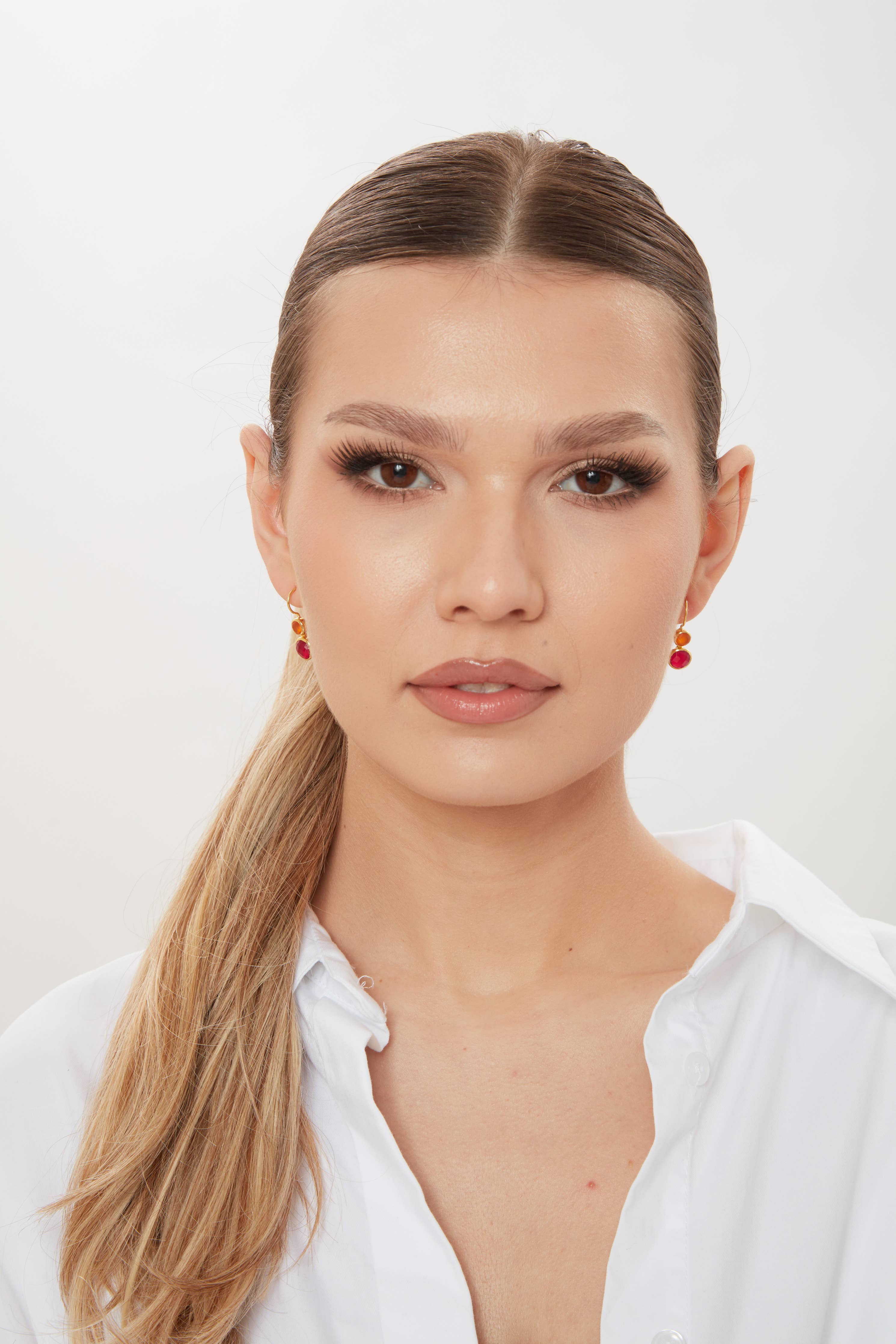 Delphine Hook Earring - Pink Jade & Orange Carnelian