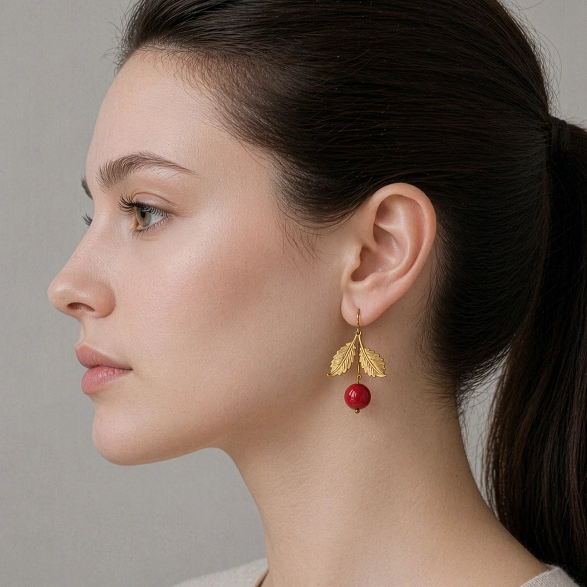 Gold Double Leaf Cherry Earrings