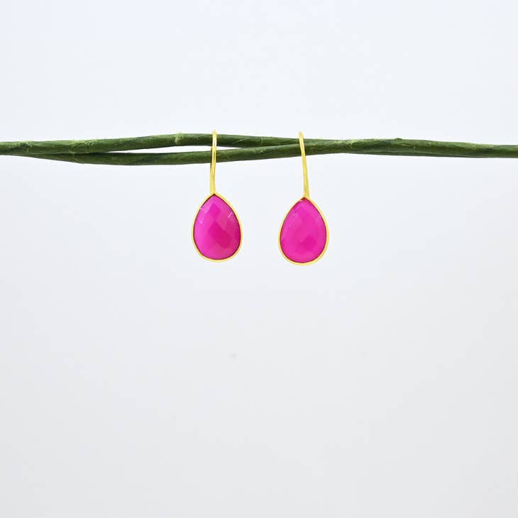 Teardrop Pink Fuchsia Onyx Gold Plated Drop Earrings