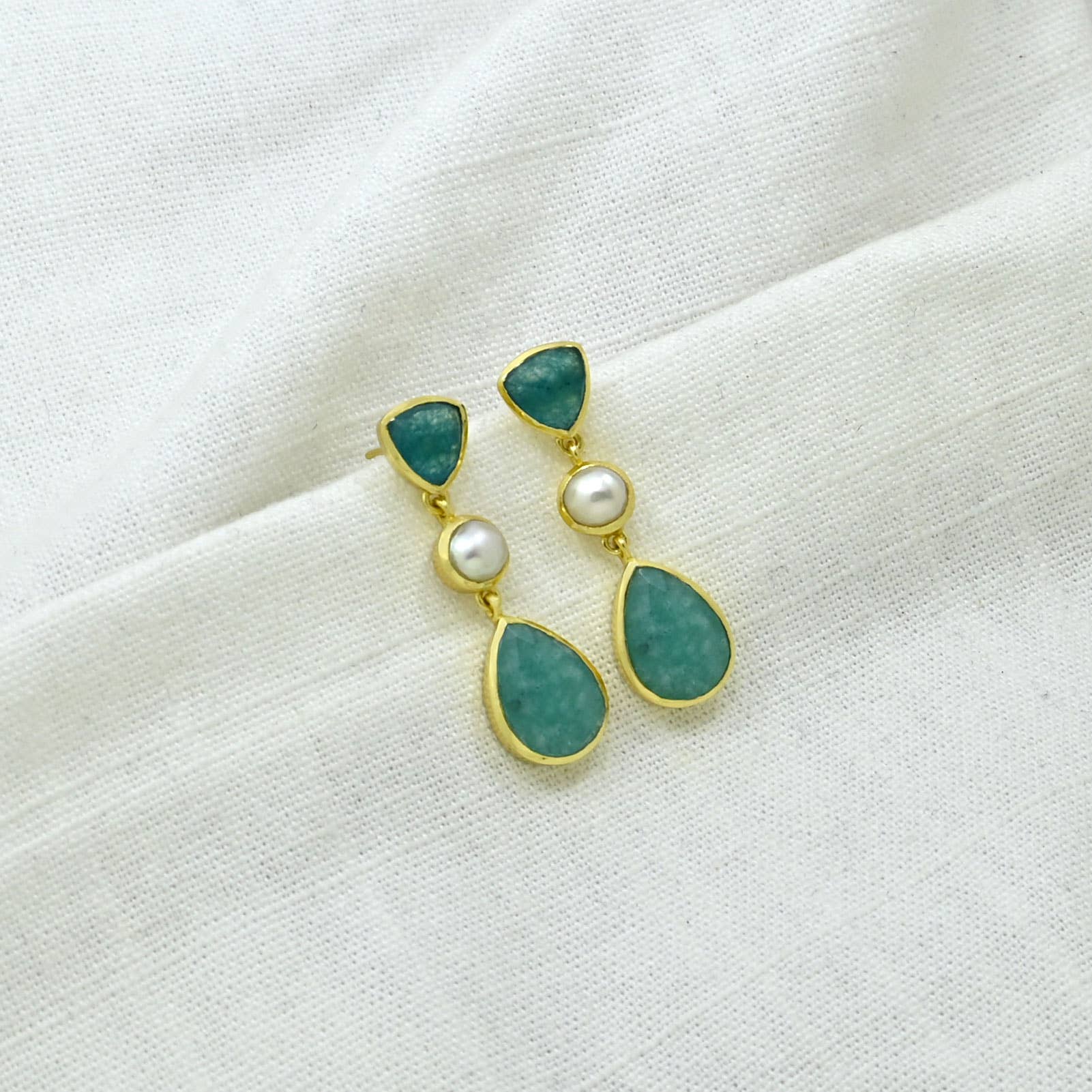 Candice Stud Earrings - Pearl, Amazonite & Neon Blue Jade