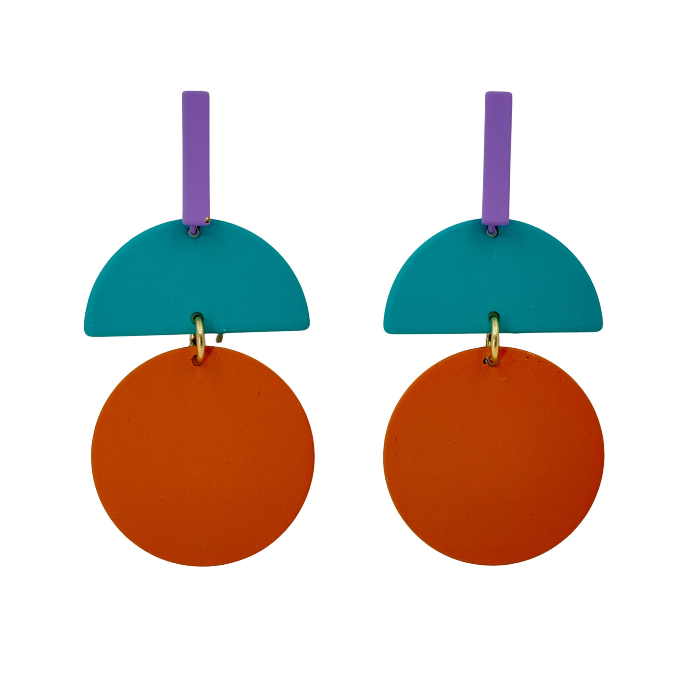 Colorful earrings with turquoise, orange, and purple elements on a white background.