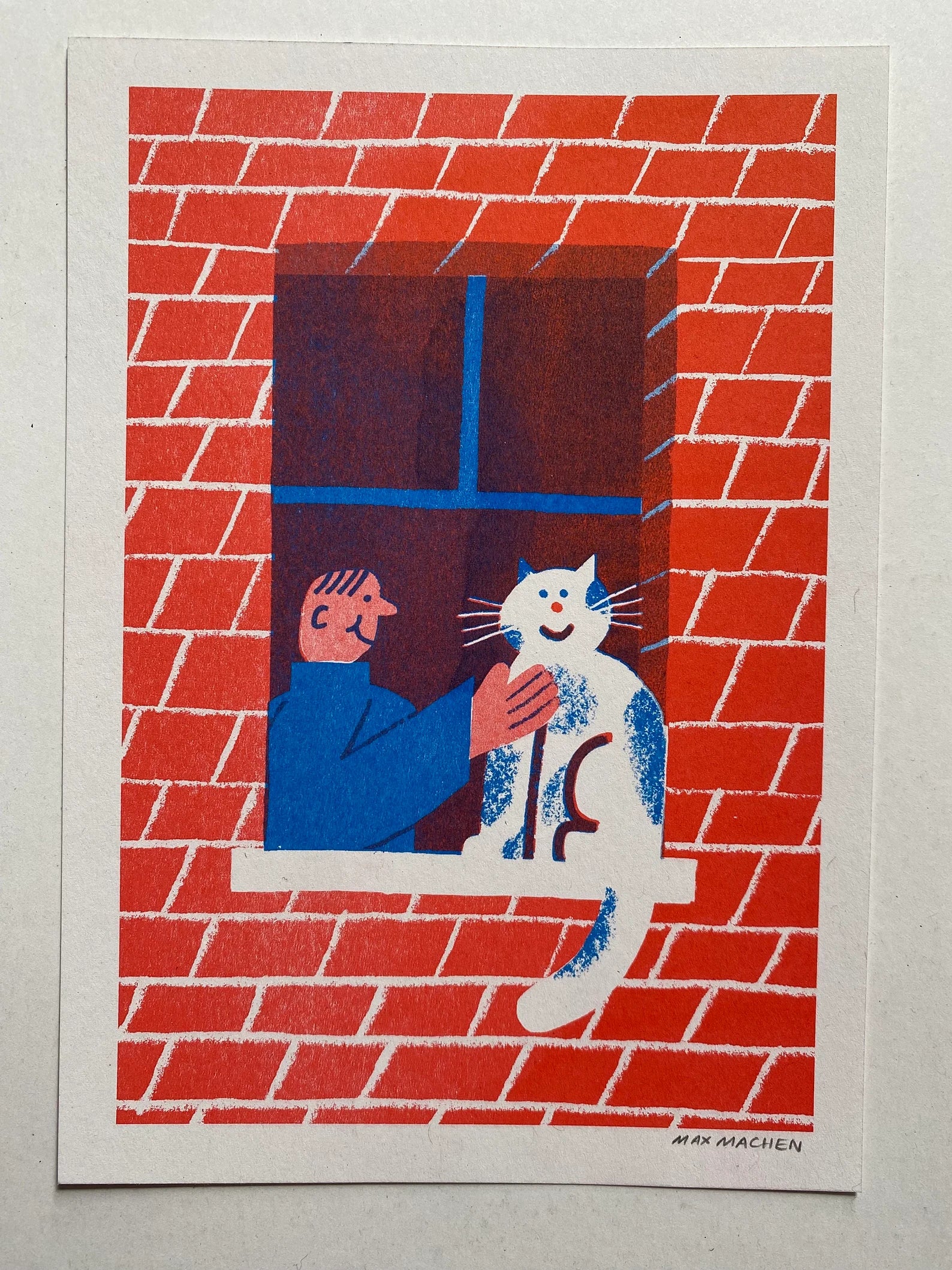 Man & His Cat In Their Window Print