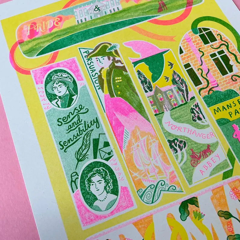 Jane Austen Bookmarks Risograph Print