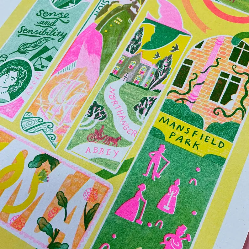 Jane Austen Bookmarks Risograph Print