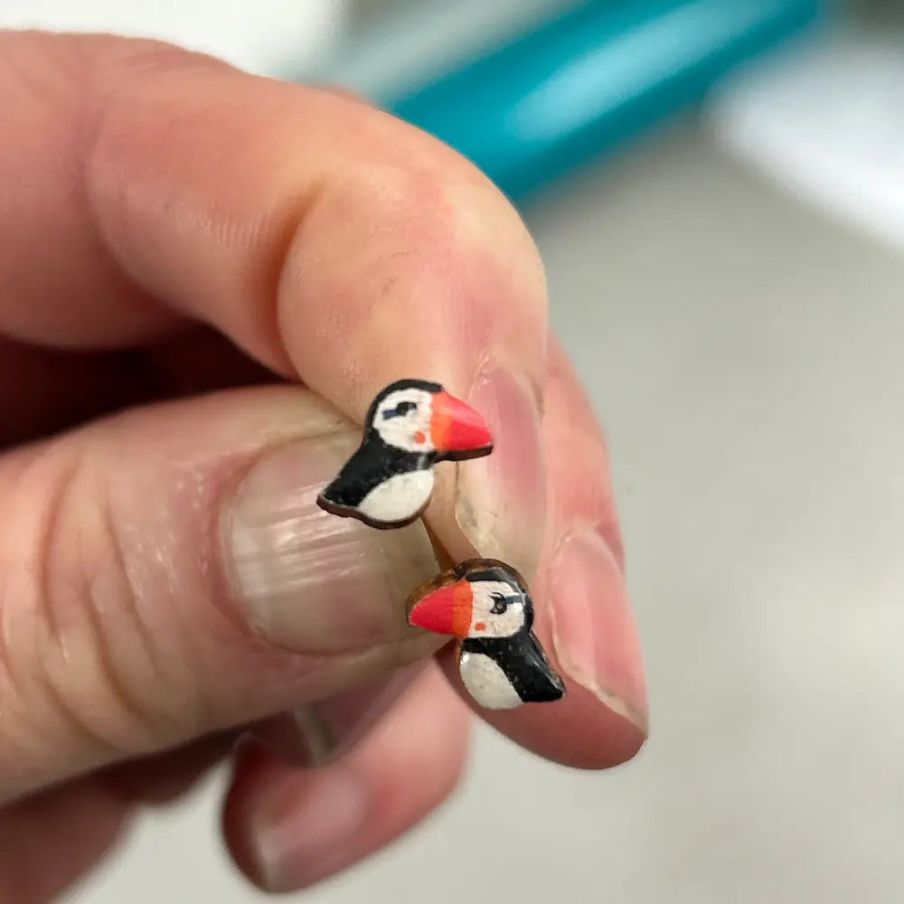 Hand Painted Wooden Puffin Earrings