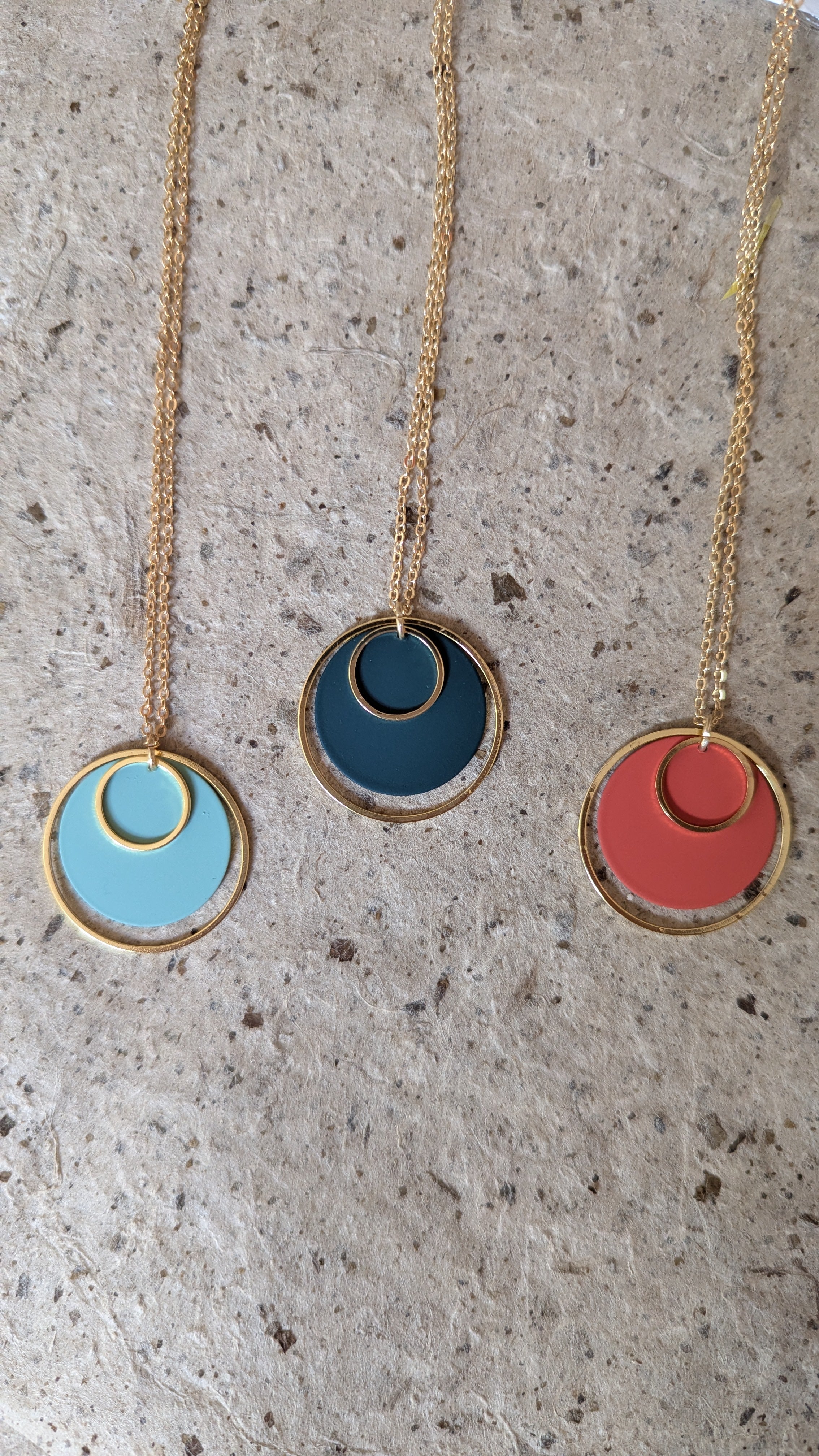 Colour + Brass Double Hoop Pendant Necklace: Rust orange