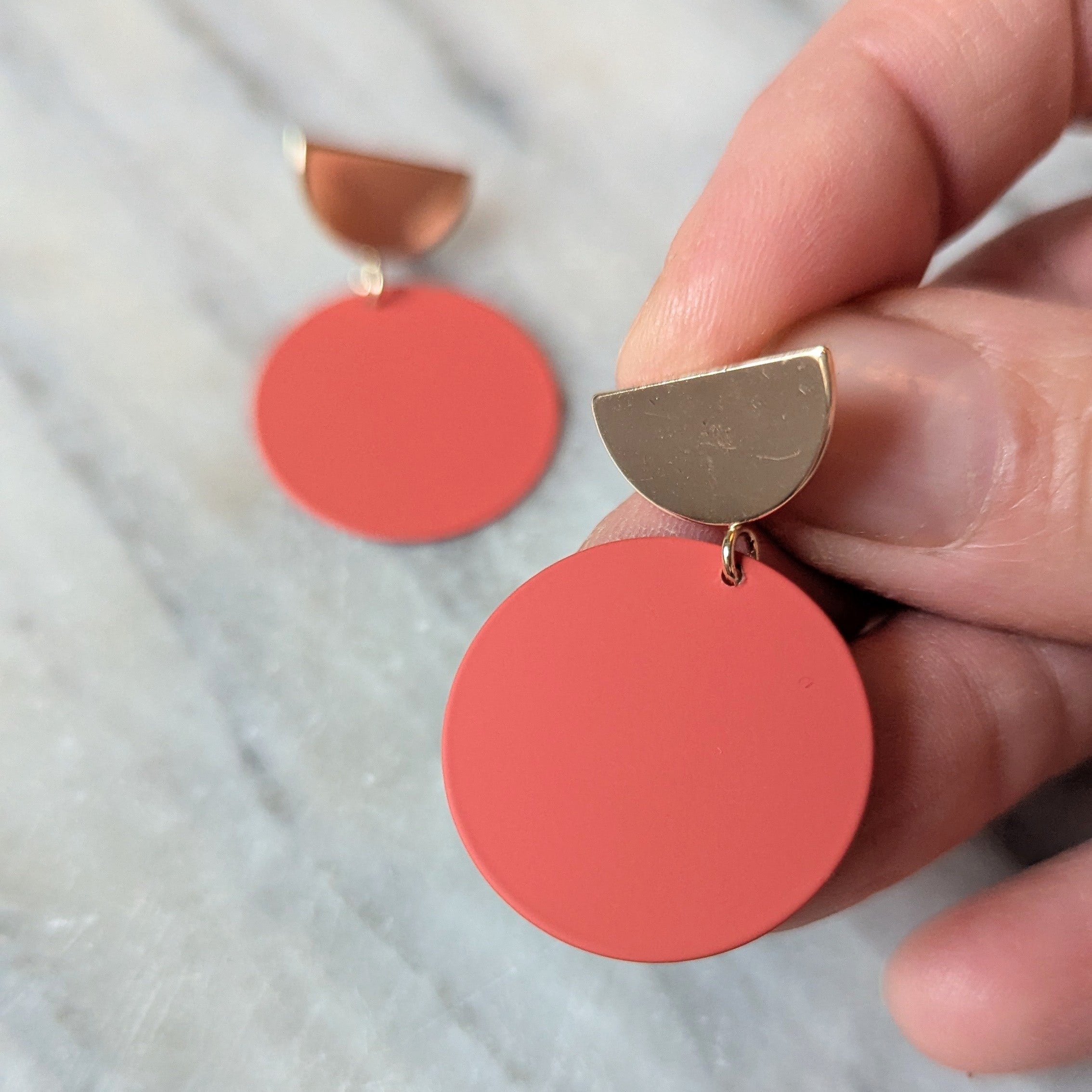 Colour Disc & Gold Semi Circle Stud Earrings - Rust Orange