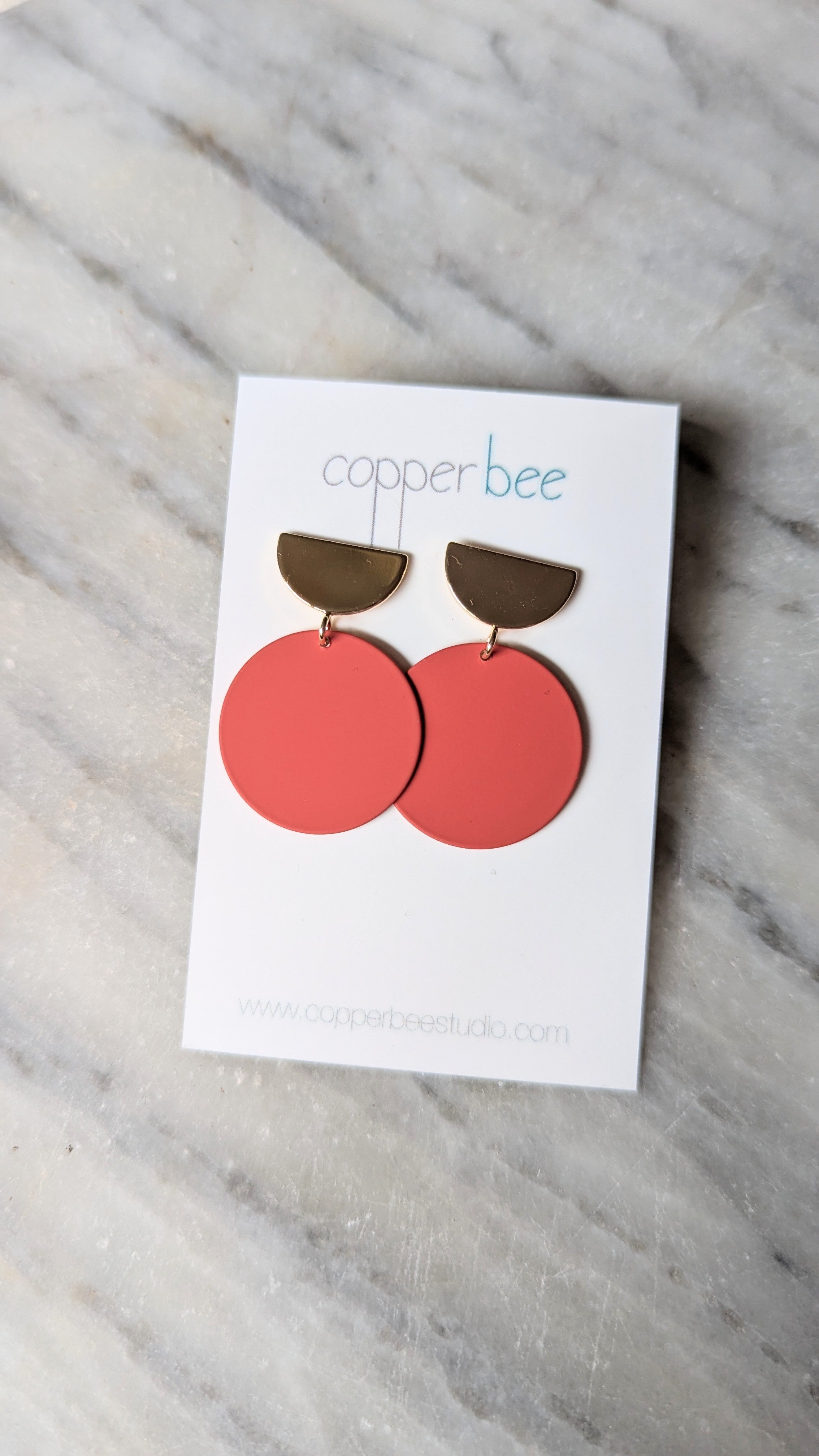 Colour Disc & Gold Semi Circle Stud Earrings - Rust Orange