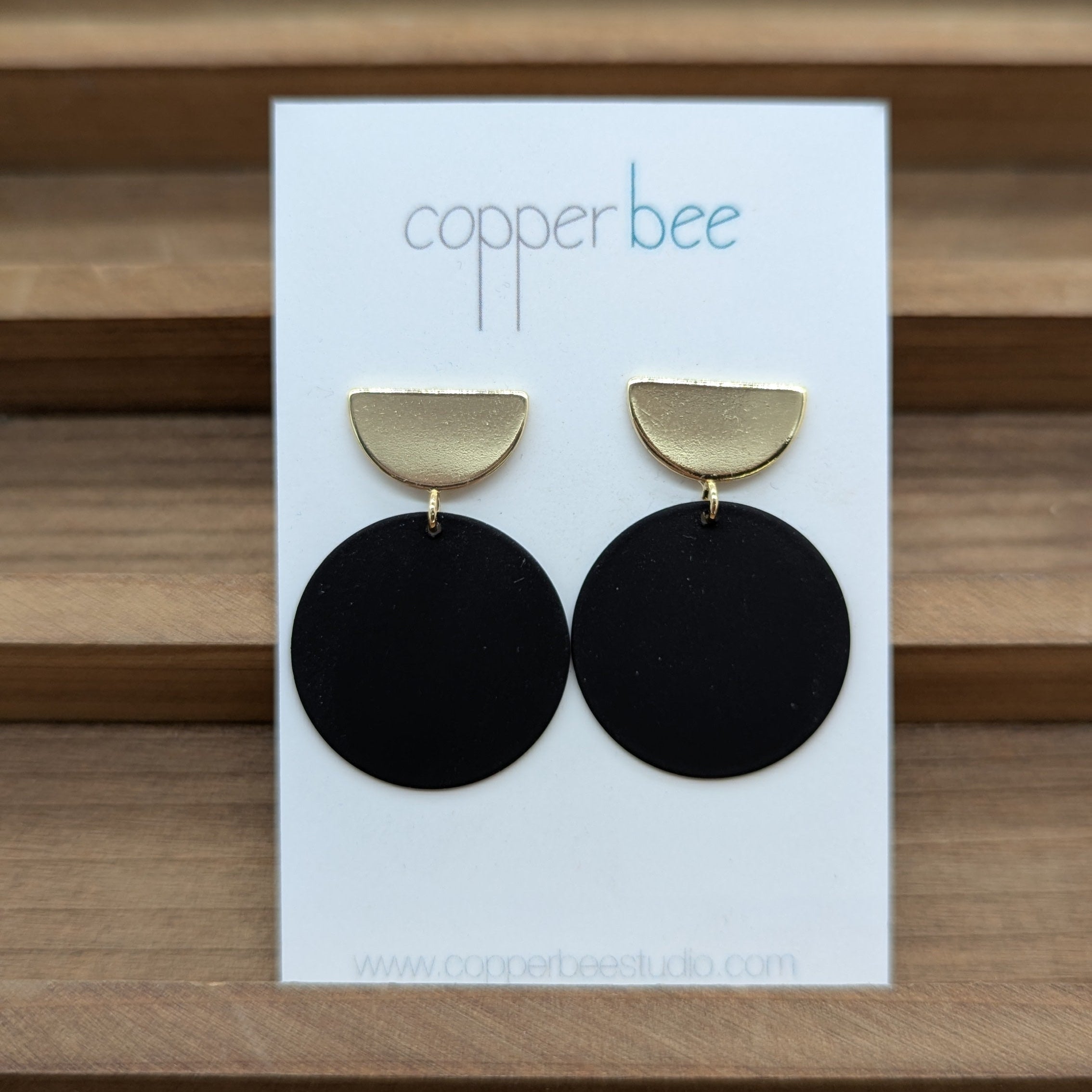 Colour Disc & Gold Semi Circle Stud Earrings - Black