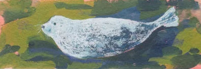 illustration of a seal with delicate whiskers on green background.