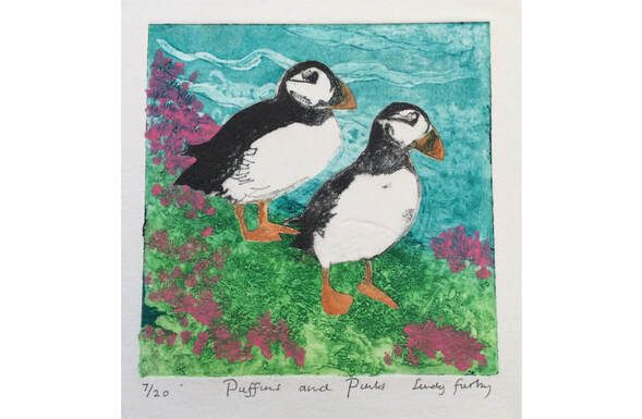 Puffins & Pinks Collagraph Print