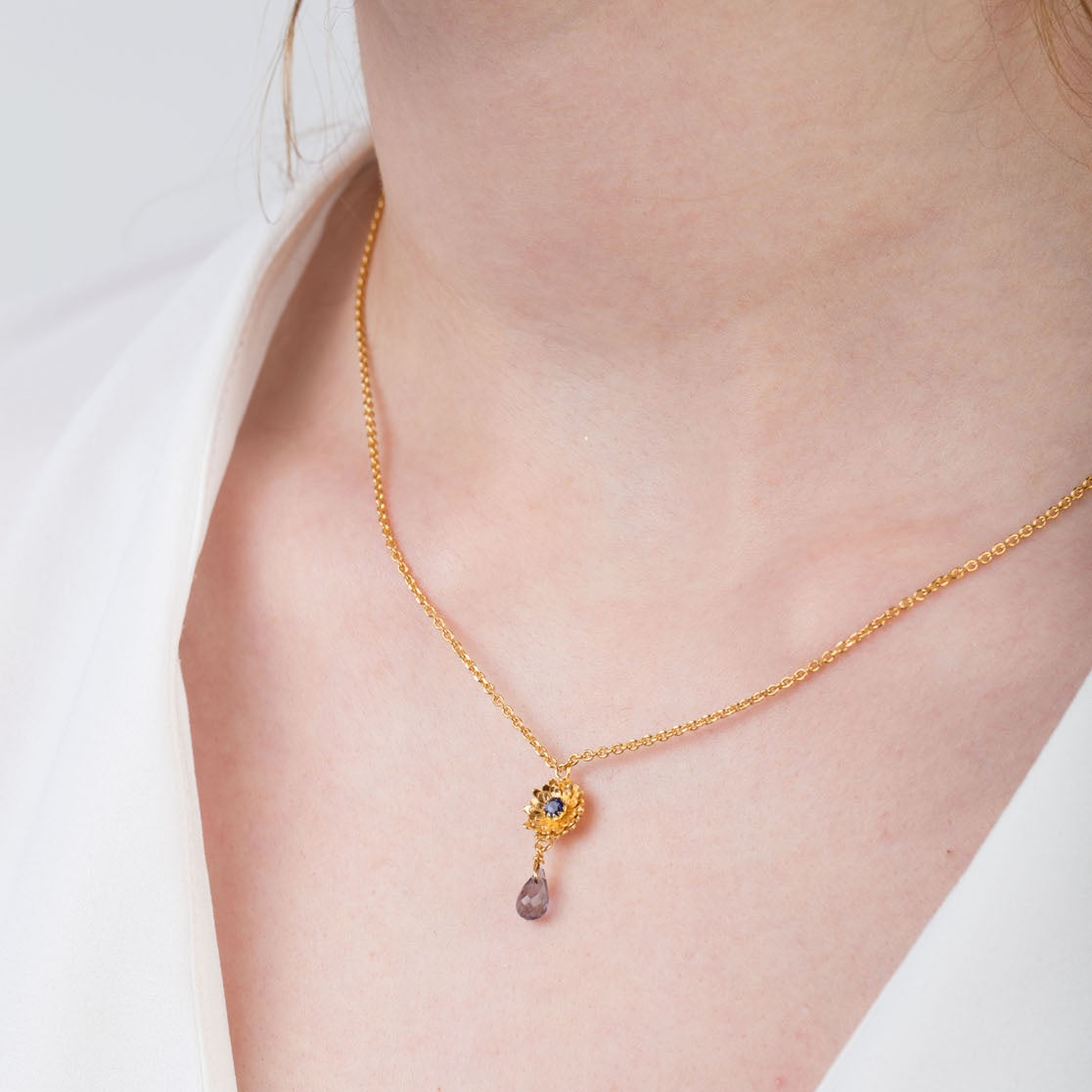Silver Dahlia Necklace With Pink Tourmaline & Chrysoprase Drop