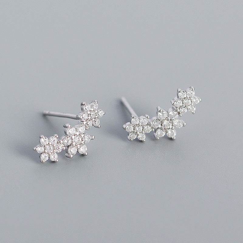 Triple Flower Cubic Zirconia Climber Earrings In Sterling Silver